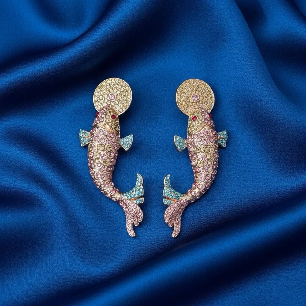 Fish Earrings Coin Medieval Palace Court Gold CZ Koi Goldfish Rose Gemstone VTG